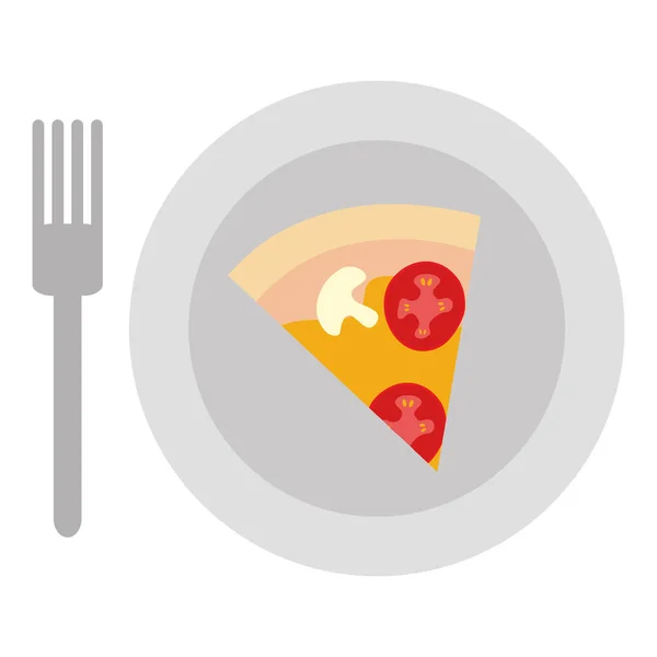 Plat avec délicieuse pizza italienne et fourchette — Image vectorielle