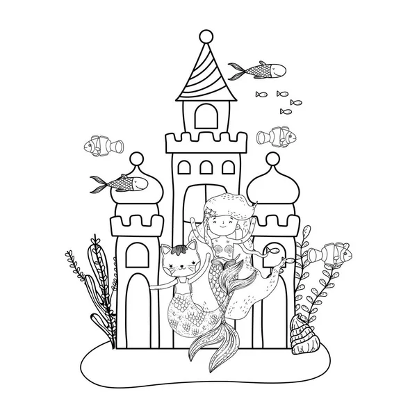 Linda sirena y sirena con castillo — Vector de stock