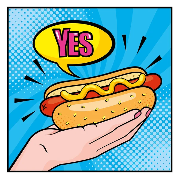 Hot dog a nő kezét igen chat buborék üzenet — Stock Vector