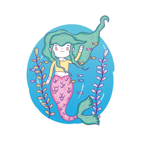 Cute mermaid under sea with seaweed — Stock Vector