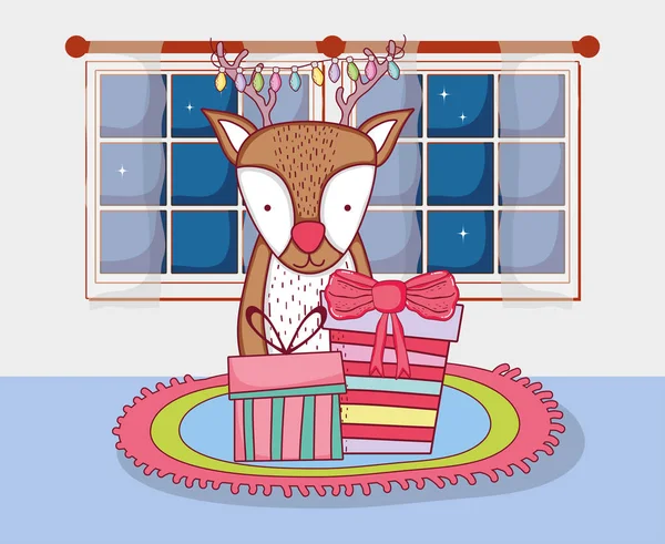 Krásné vánoční soby s dárky v domě — Stockový vektor
