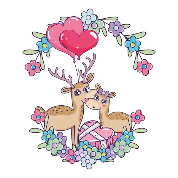 Cute love reindeer couple with floral decoration — Stock Vector