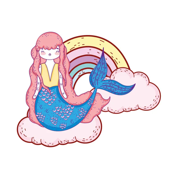 Cute mermaid with clouds and rainbow — Stock Vector