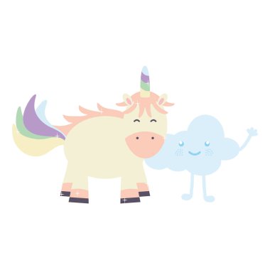 şirin sevimli Unicorn ve bulutlar Kawaii peri karakterler