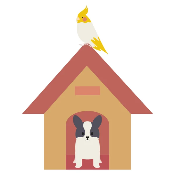 Pequeno cão e pássaro com casa de madeira —  Vetores de Stock