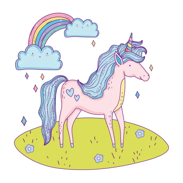 Belle petite licorne avec arc-en-ciel dans le paysage — Image vectorielle