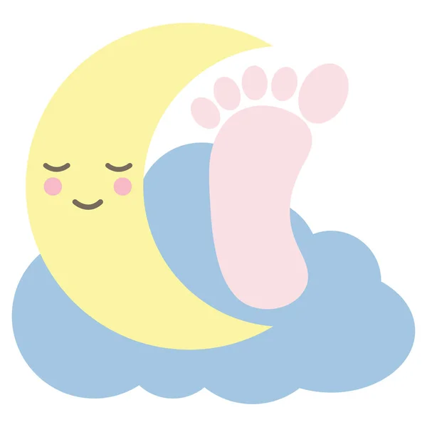 Empreinte de pied de bébé avec caractère lune kawaii — Image vectorielle