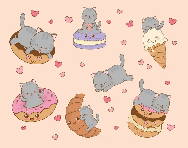 Schattige kleine katten met emoticons kawaii tekens — Stockvector