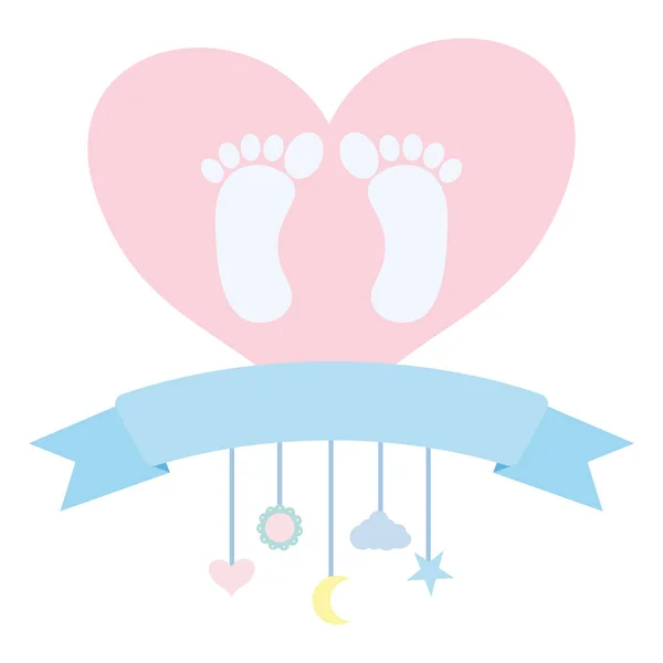 Impresiones de pies de bebé en el amor del corazón y colgar móvil — Vector de stock