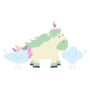 şirin sevimli Unicorn ve bulutlar Kawaii peri karakterler