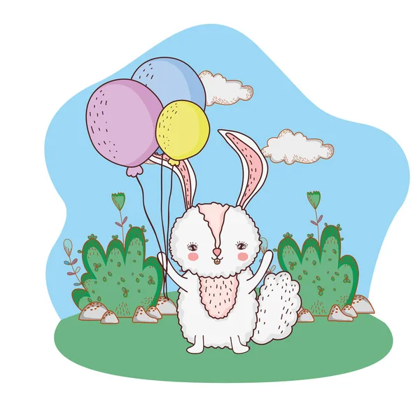 Милий маленький кролик з кульками гелій в парку — стоковий вектор