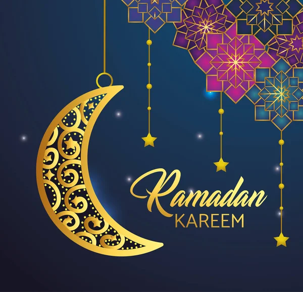 Luna y estrellas colgando de ramadán kareem — Vector de stock