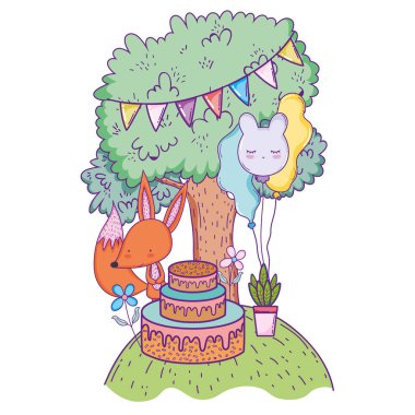 manzara içinde kek ve balonlar helyum ile tilki