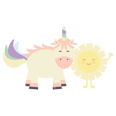 Güneş Kawaii peri karakterler ile sevimli güzel Unicorn