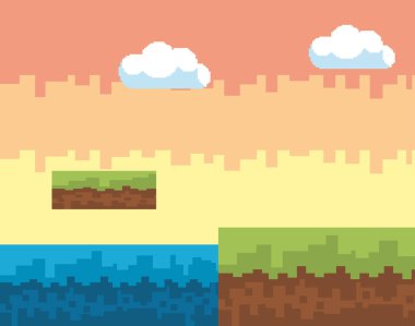 Arcade oyun dünya ve piksel sahne tasarım vektör illüstrasyon