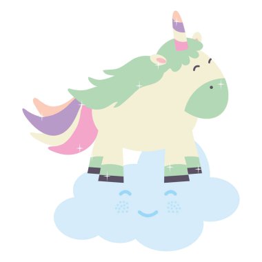 şirin sevimli Unicorn ve bulutlar Kawaii peri karakterler