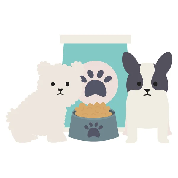 Perros pequeños adorables con bolsa de comida y plato — Archivo Imágenes Vectoriales