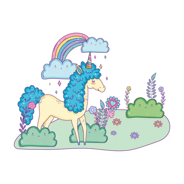 風景の中に虹を持つ美しい小さなユニコーン — ストックベクタ