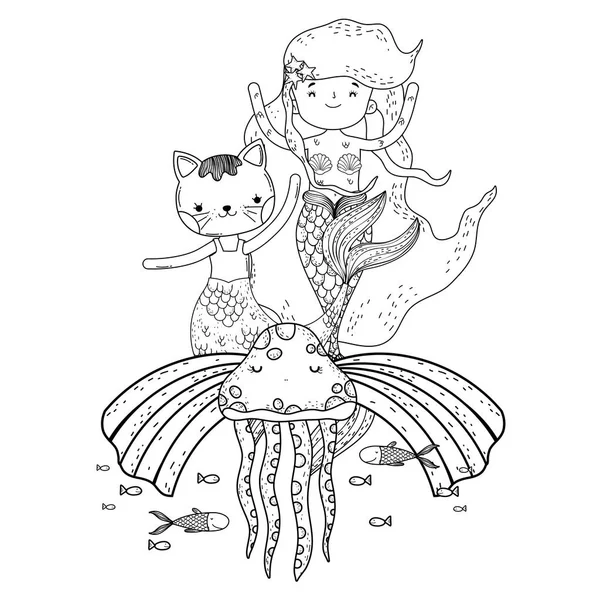 Cute purrmaid and mermaid with rainbow — Stock Vector
