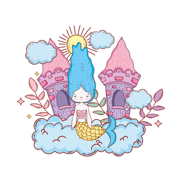 Putri duyung lucu dengan istana di awan - Stok Vektor