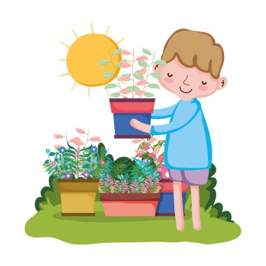 bahçede houseplant kaldırma küçük çocuk