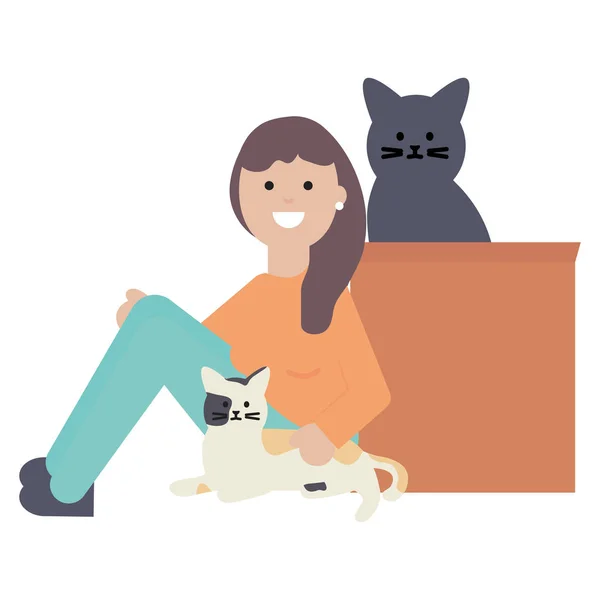 Young woman with cute cats mascots — Stock Vector