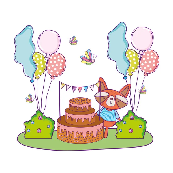 Mapache con pastel y globos helio en el campo — Vector de stock