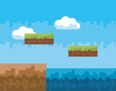 Arcade oyun dünya ve piksel sahne tasarım vektör illüstrasyon