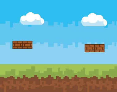 Arcade oyun dünya ve piksel sahne tasarım vektör illüstrasyon
