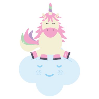 şirin sevimli Unicorn ve bulutlar Kawaii peri karakterler