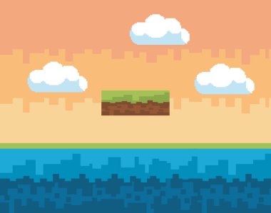 Arcade oyun dünya ve piksel sahne tasarım vektör illüstrasyon
