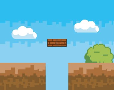 Arcade oyun dünya ve piksel sahne tasarım vektör illüstrasyon