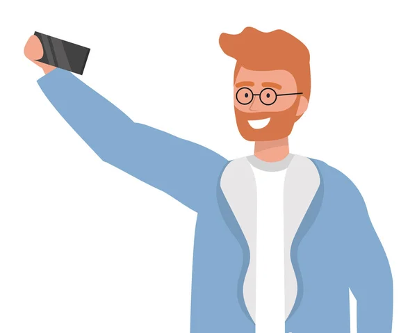 Avatar człowiek ze smartfonem przy projektowaniu selfie — Wektor stockowy