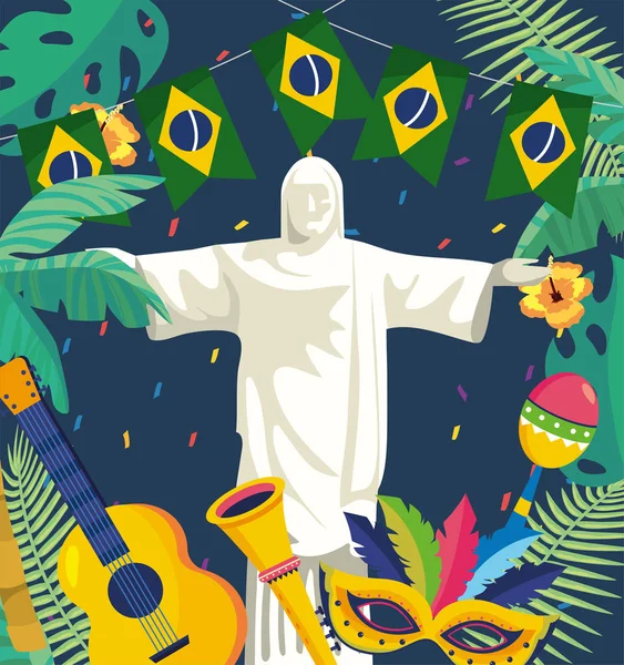 Christ redeemer with party brazil banner — Stock Vector