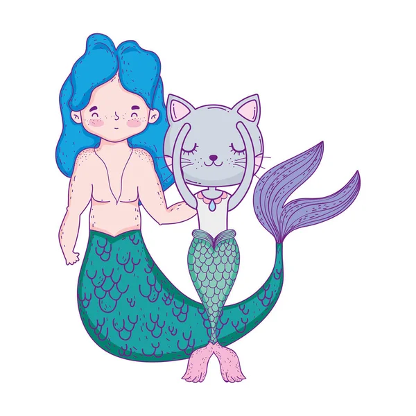 Sirène masculine et purrmaid personnages de conte de fées — Image vectorielle