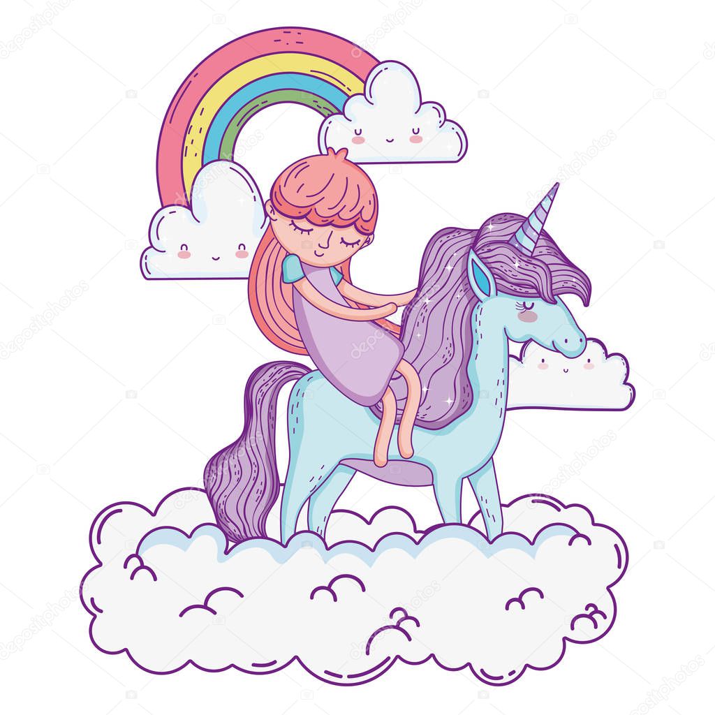 little unicorn and princess in the clouds