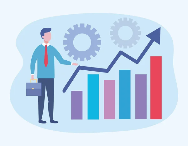 Üzletember a statisztikák Bar információk és fogaskerekek — Stock Vector