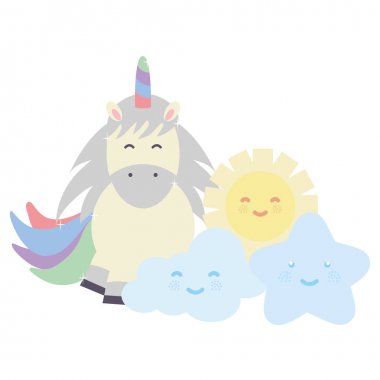 bulutlar ve güneş Kawaii karakterler ile sevimli güzel Unicorn