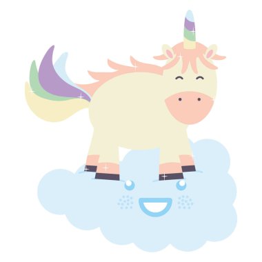 şirin sevimli Unicorn ve bulutlar Kawaii peri karakterler