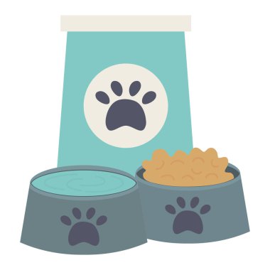 çanta ve gıda ve su bakım maskotu ile plastik yemekler