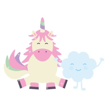 şirin sevimli Unicorn ve bulutlar Kawaii peri karakterler