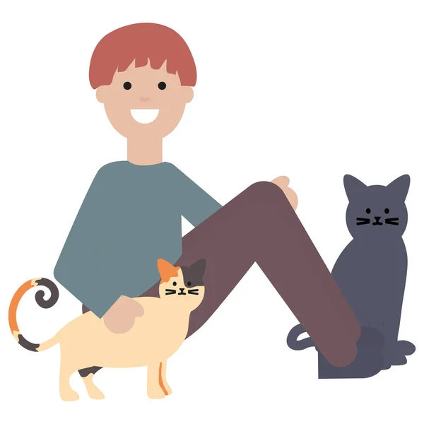 Молодой человек с милыми кошками-талисманами — стоковый вектор