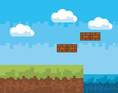 Arcade oyun dünya ve piksel sahne tasarım vektör illüstrasyon
