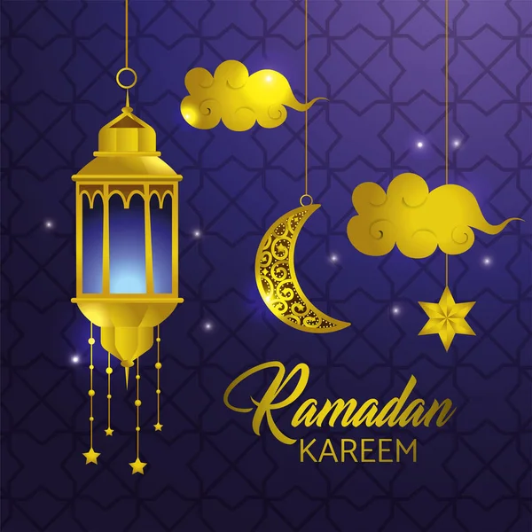Lámpara con estrella y nubes colgando de ramadán kareem — Vector de stock