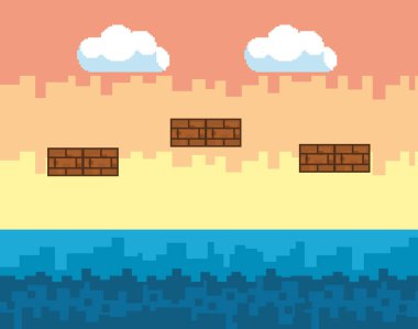 Arcade oyun dünya ve piksel sahne tasarım vektör illüstrasyon