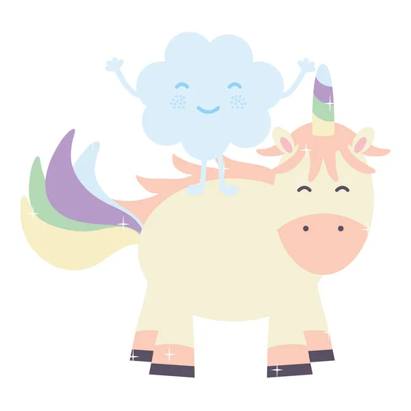 Милий чарівний єдиноріг і хмари казкових персонажів — стоковий вектор