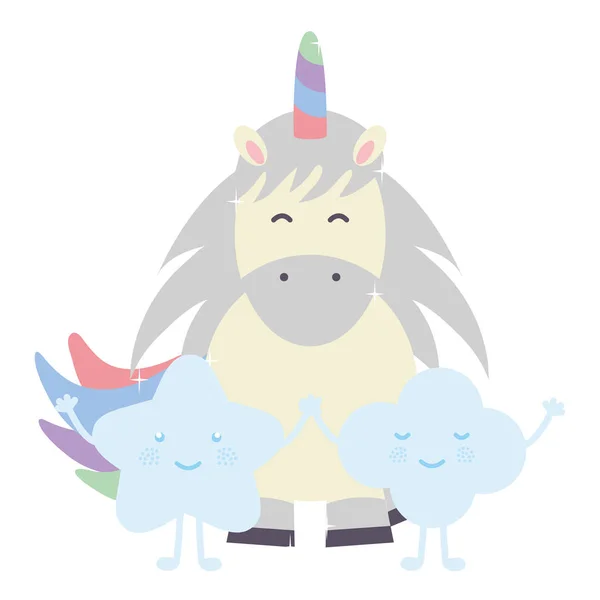 Lindo adorable unicornio y nubes kawaii personajes de hadas — Vector de stock