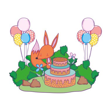 manzara içinde kek ve balonlar helyum ile tilki