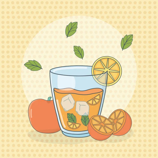 Apelsinjuice frukt i kruka med halm — Stock vektor