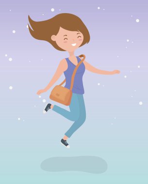 mutlu genç kadın atlama karakteri kutluyor